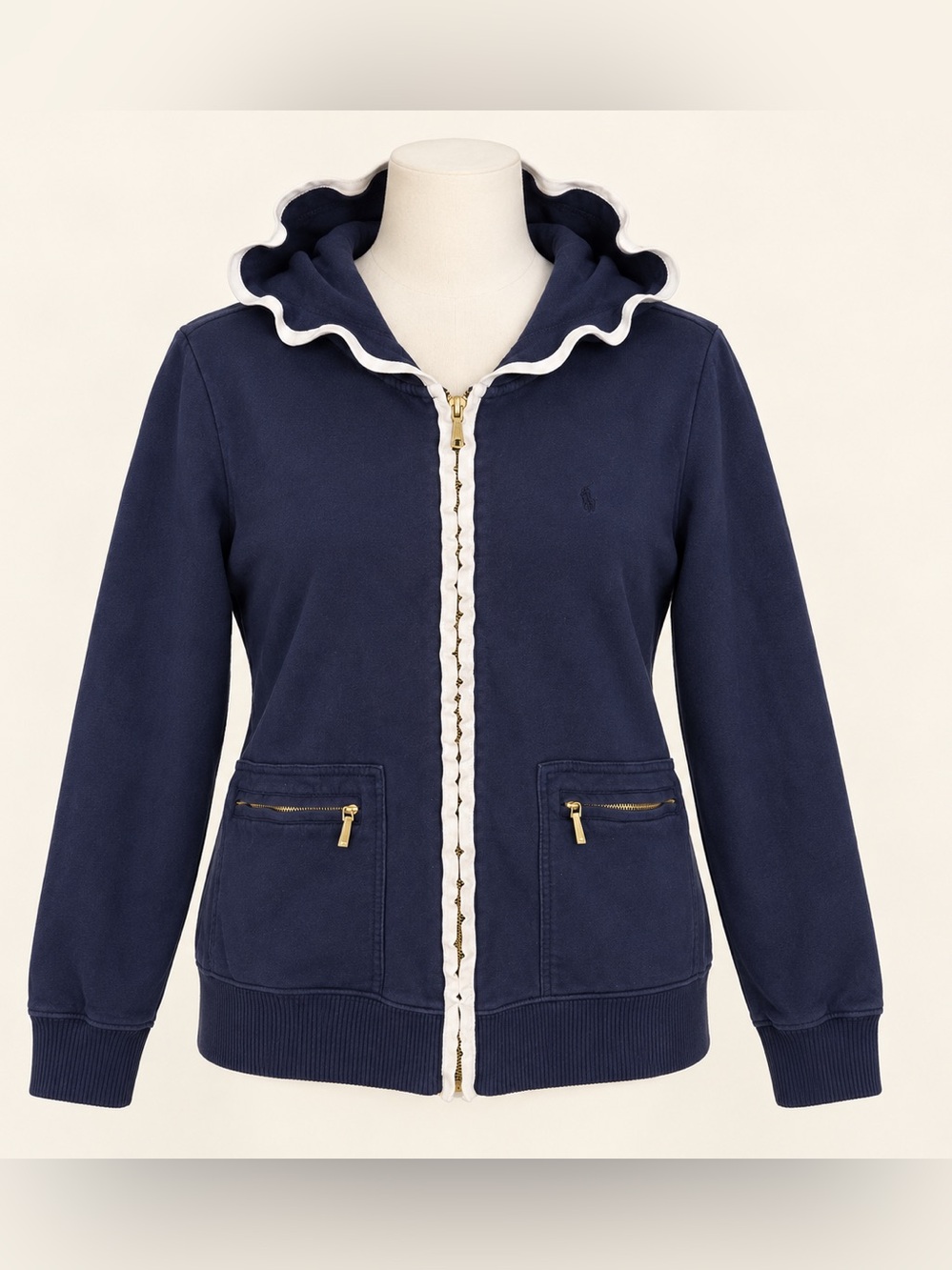 Vintage Y2K Lauren Ralph Lauren Navy White Ruffle Trim Zip Nautical Hoodie M